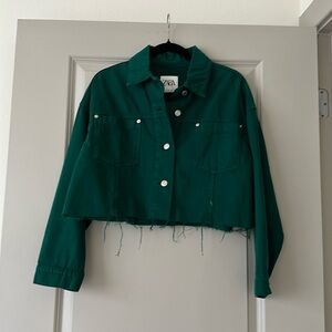 Zara | Green Denim Cropped Jacket